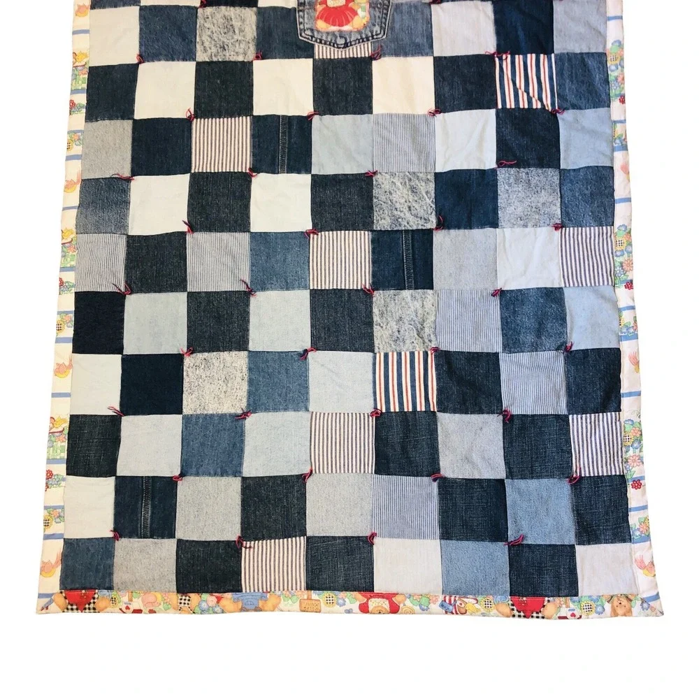 VTG Rag Denim Jean Baby Quilt Blanket 2 Sided Bears Flower Upcycled Handmade